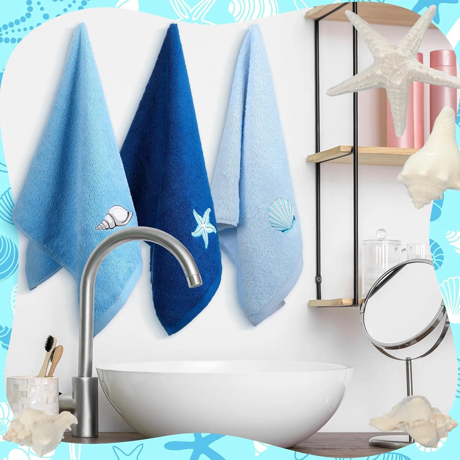 3 Pcs Ocean Hand Towels for Bathroom Cotton Embroidered Rodeo Kitchen Towels 13.3" x 29.5" Rustic Gifts for Bath Shower Farmhouse Decors Housewarming Gift(Blue)
