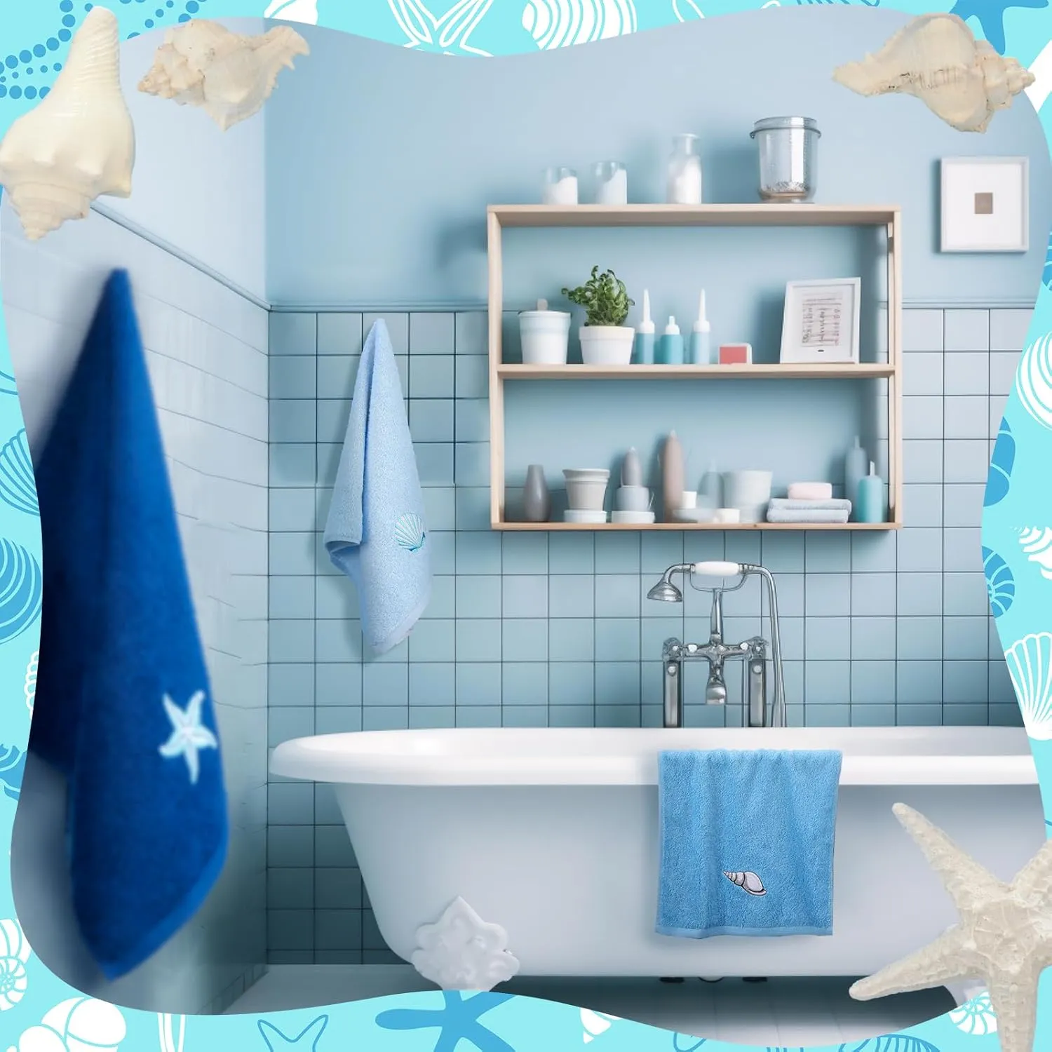 3 Pcs Ocean Hand Towels for Bathroom Cotton Embroidered Rodeo Kitchen Towels 13.3" x 29.5" Rustic Gifts for Bath Shower Farmhouse Decors Housewarming Gift(Blue)