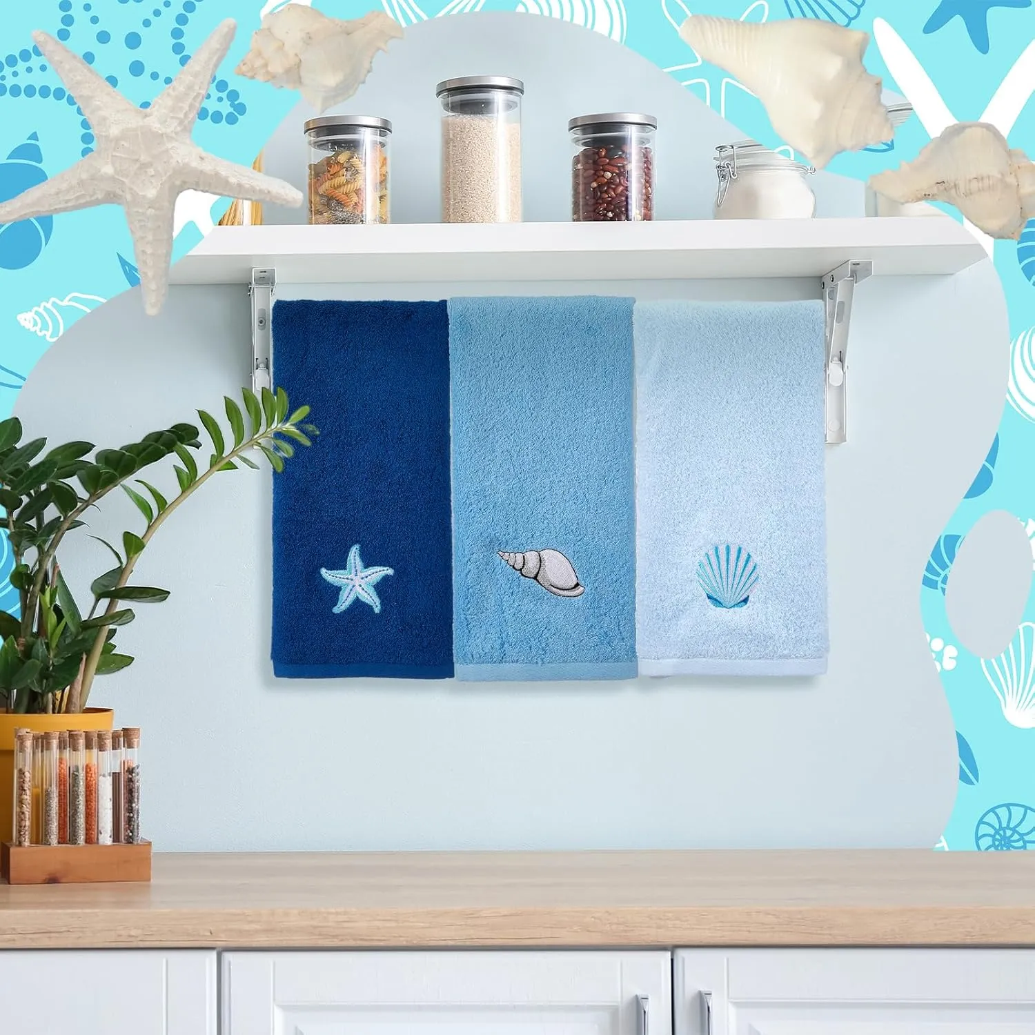 3 Pcs Ocean Hand Towels for Bathroom Cotton Embroidered Rodeo Kitchen Towels 13.3" x 29.5" Rustic Gifts for Bath Shower Farmhouse Decors Housewarming Gift(Blue)