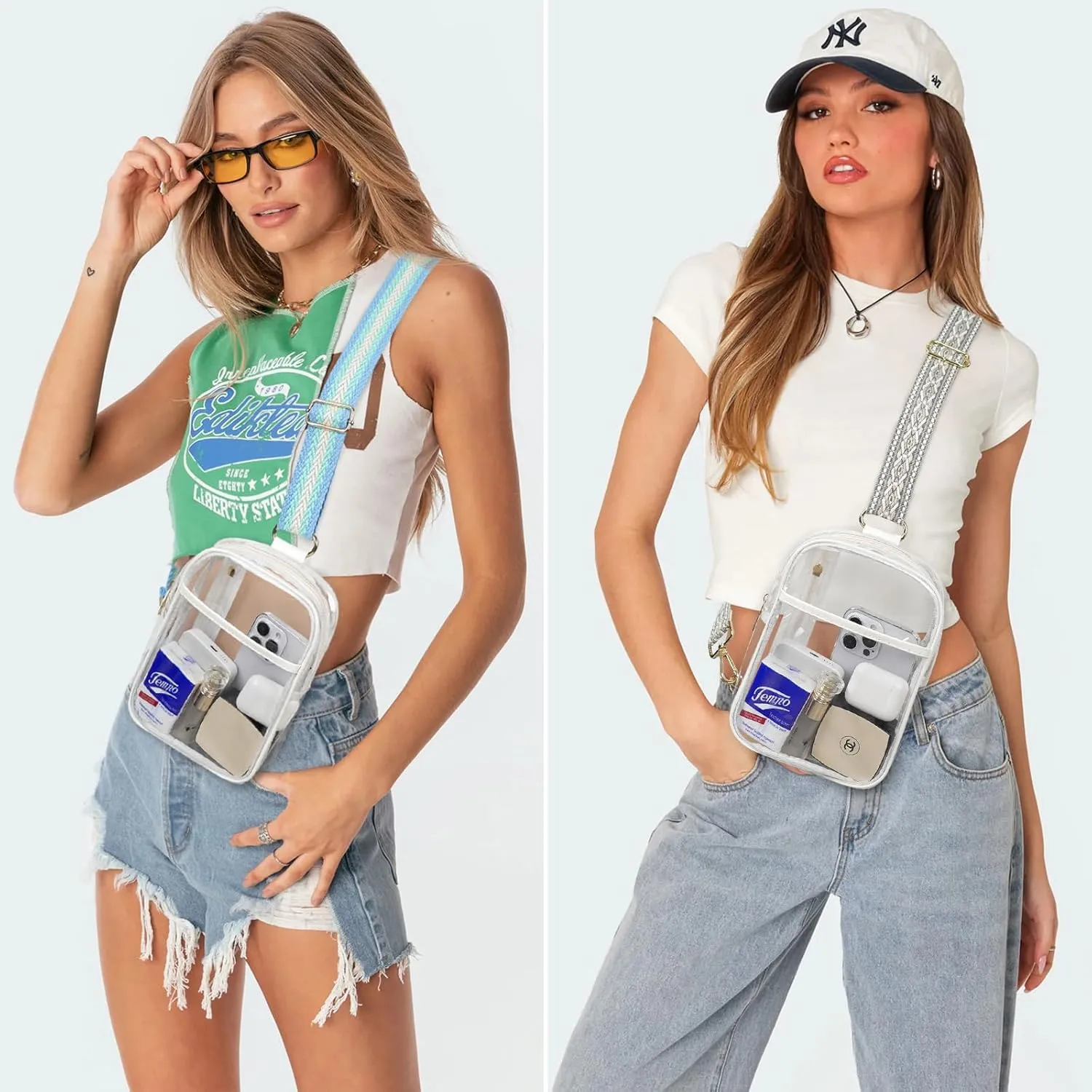 3 Pockets Clear Bag for Stadium Events with 2 Long Straps Sling Backpack Fanny Pack Concert Crossbody Purses for Women