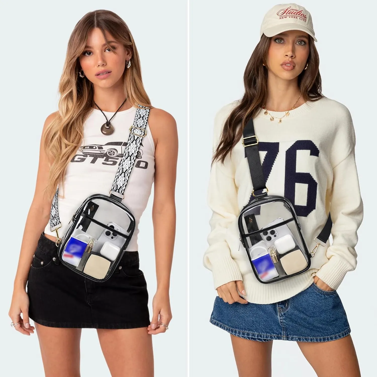 3 Pockets Clear Bag for Stadium Events with 2 Long Straps Sling Backpack Fanny Pack Concert Crossbody Purses for Women