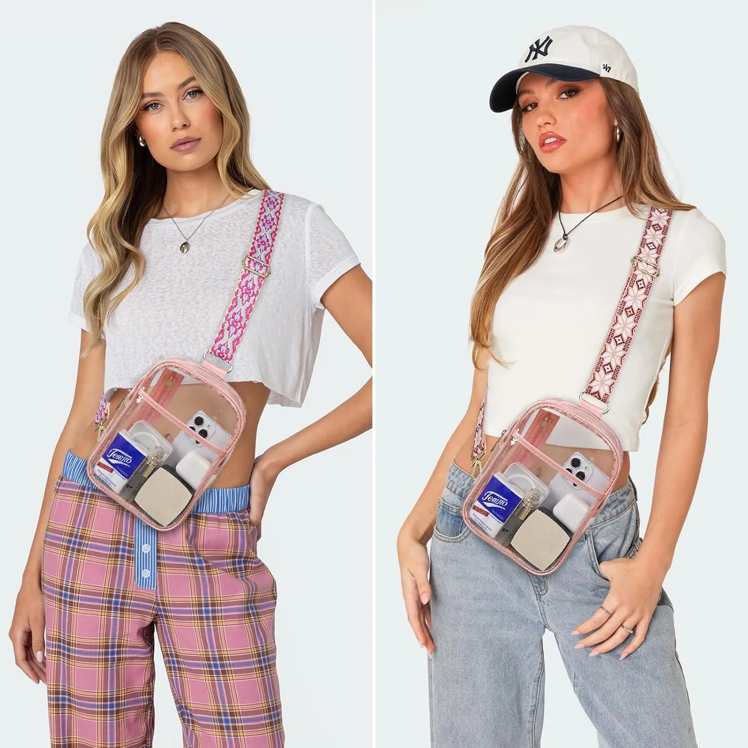 3 Pockets Clear Bag for Stadium Events with 2 Long Straps Sling Backpack Fanny Pack Concert Crossbody Purses for Women
