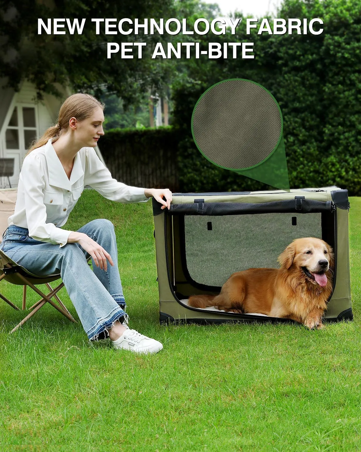 30-Inch Collapsible Travel Dog Crate, Portable 4-Door Soft Kennel for Medium to Large Dogs, Chew-Proof Mesh Windows, Indoor/Outdoor Use, Foldable, with Storage Bag (Green)