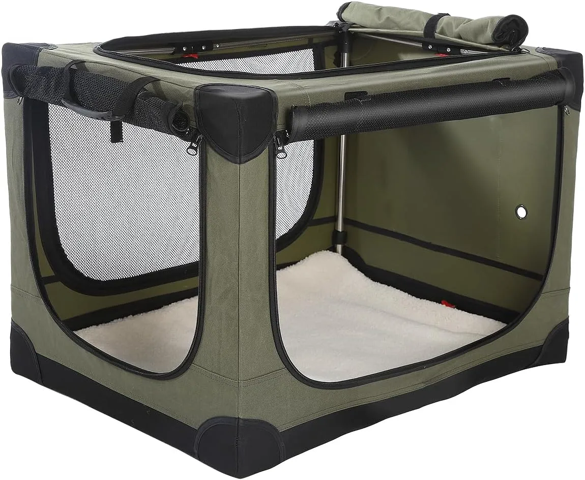 30-Inch Collapsible Travel Dog Crate, Portable 4-Door Soft Kennel for Medium to Large Dogs, Chew-Proof Mesh Windows, Indoor/Outdoor Use, Foldable, with Storage Bag (Green)