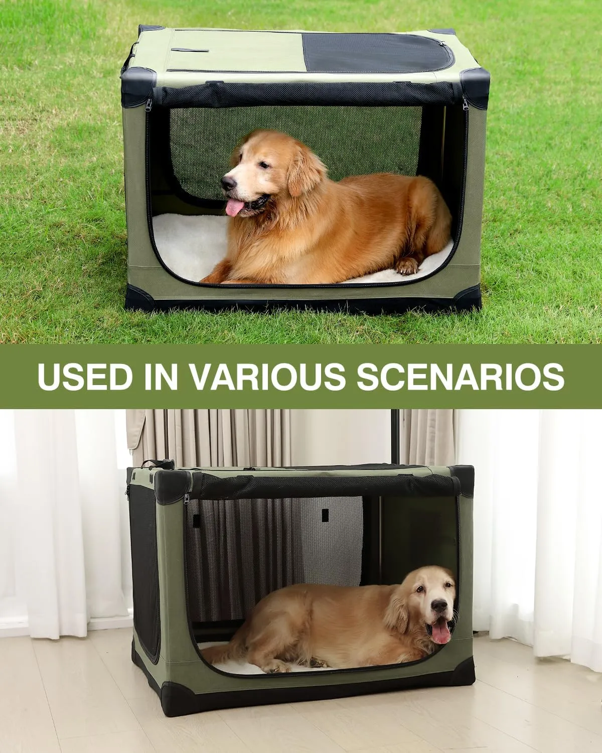 30-Inch Collapsible Travel Dog Crate, Portable 4-Door Soft Kennel for Medium to Large Dogs, Chew-Proof Mesh Windows, Indoor/Outdoor Use, Foldable, with Storage Bag (Green)