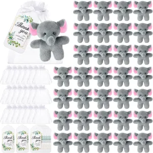 32 Set Baby Shower Mini Elephant Stuffed Animals 4 Inch Elephant Plush Toys Bulk Tiny Plush Elephant with Thank You Tags and Organza Bags for Elephant Themed Birthday Party Supplies
