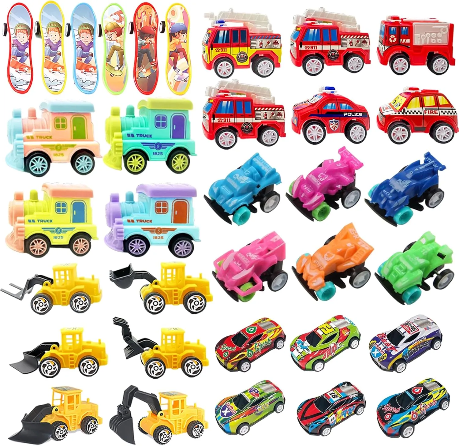 34PCS Mini Pull Back Cars Include Train Engineering Vehicle Race Car Monster Truck Fire Truck Skateboard, Cars Party Favors Bulk Vehicles Set