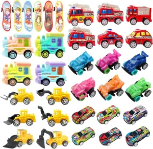 34PCS Mini Pull Back Cars Include Train Engineering Vehicle Race Car Monster Truck Fire Truck Skateboard, Cars Party Favors Bulk Vehicles Set