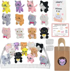 39PCS Adopt A Cat Party Favors, Mini Stuffed Animals Adopt A Pet Set Includes 12 Stuffed Kitten 12 Kraft Paper Bags 12 Adoption Certificate 2 Fence 1 Stand for Adopt Animals Birthday Party Decorations
