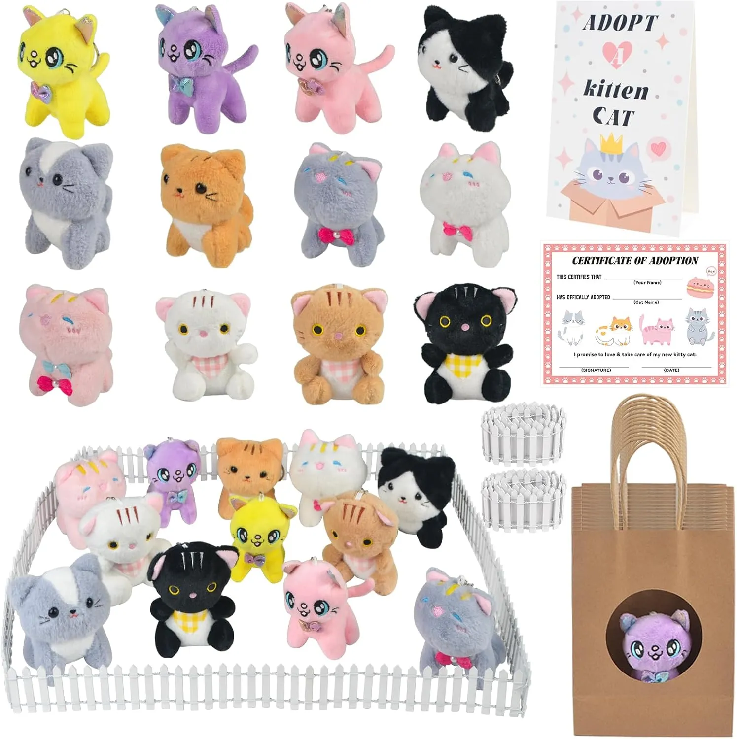 39PCS Adopt A Cat Party Favors, Mini Stuffed Animals Adopt A Pet Set Includes 12 Stuffed Kitten 12 Kraft Paper Bags 12 Adoption Certificate 2 Fence 1 Stand for Adopt Animals Birthday Party Decorations