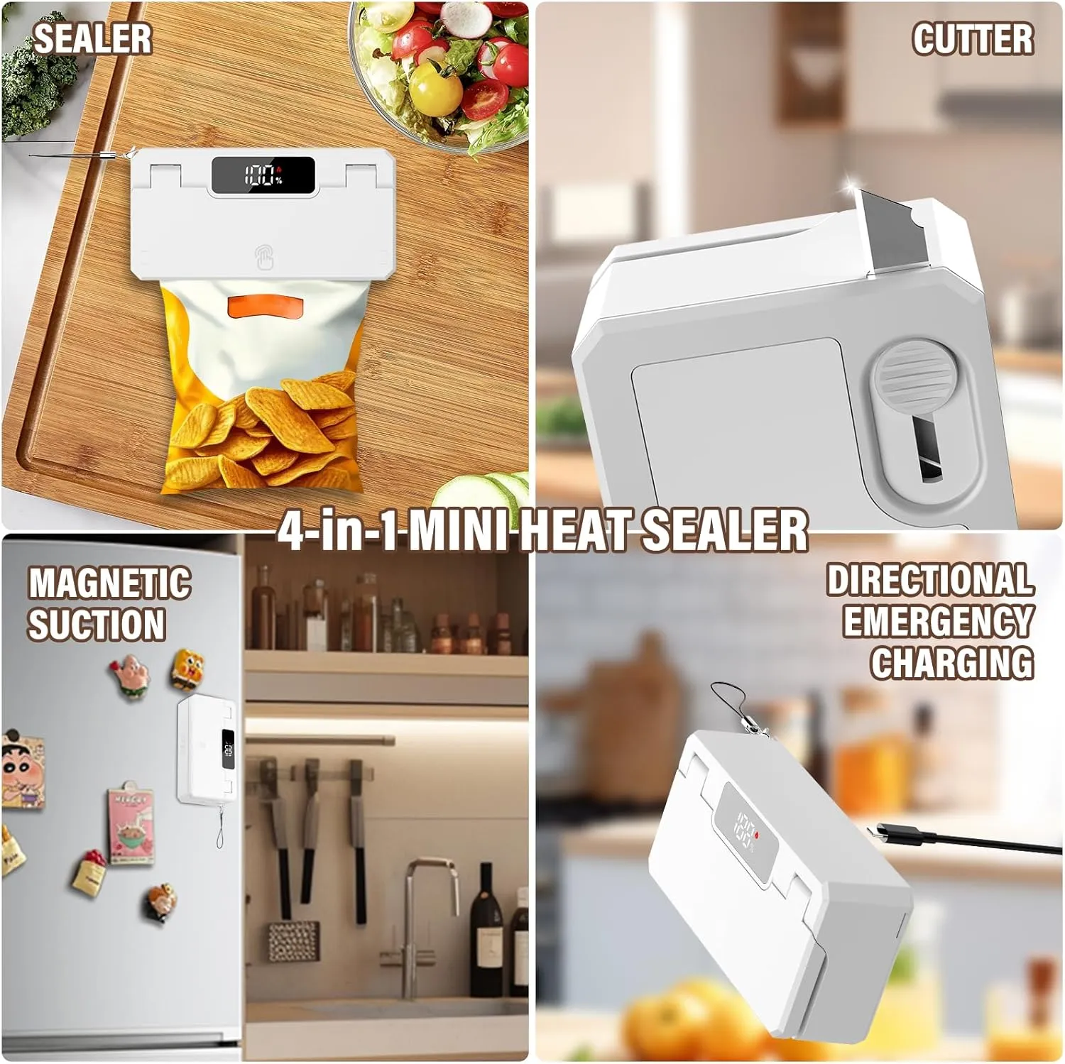4 In 1 Mini Bag Sealer,3000mAh Rechargeable Bag Sealer Heat Seal with Cutter,5 Seal Time Modes & 3.8in Heating Strip Chip Bag Sealer, Portable Bag Resealer For Chip Bags, Plastic Bags(White)