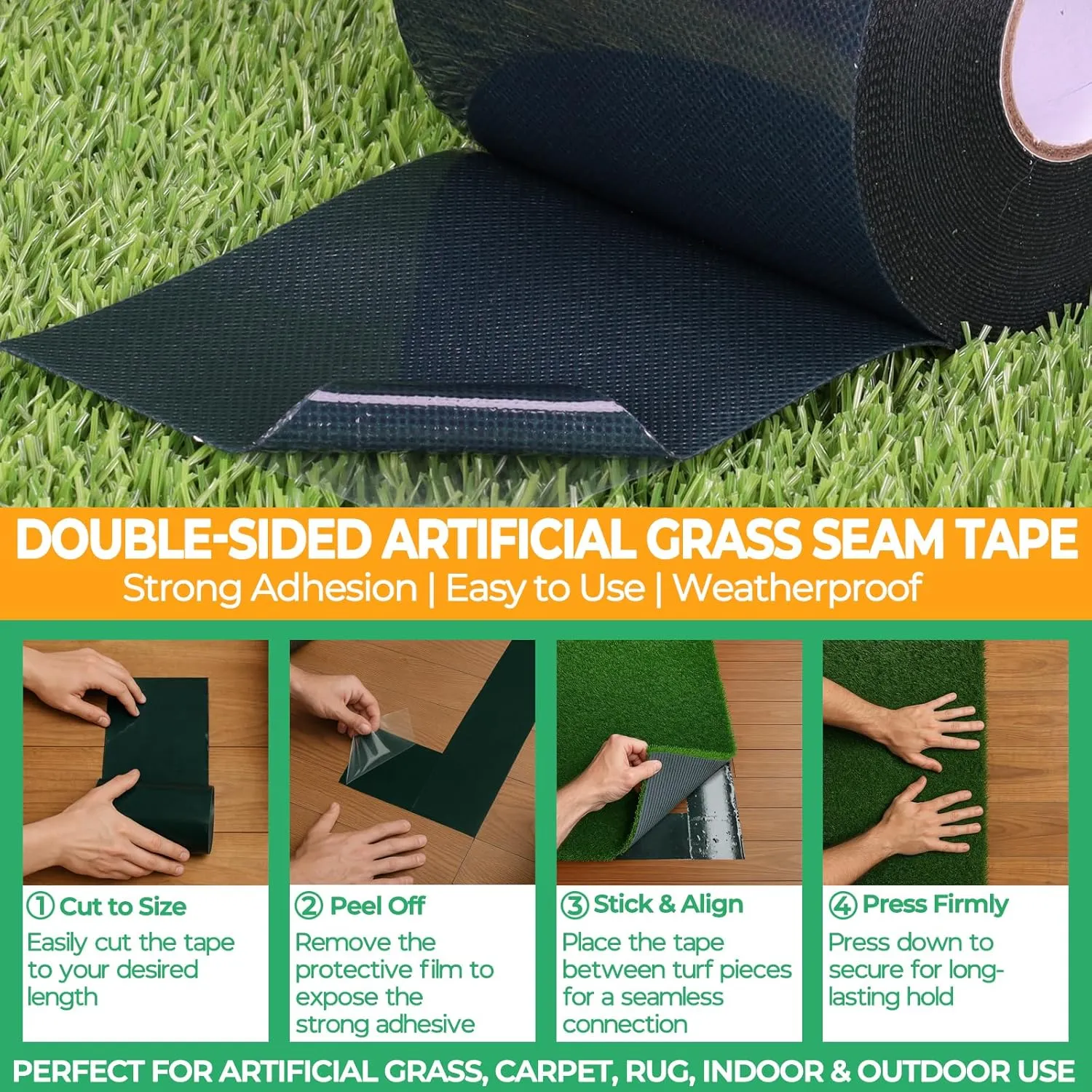4 Inch Double Sided Turf Tape for Artificial Grass with Self-Adhesive 2X Strength 500g, Double Sided Artificial Grass Tape for Patios Decks Indoor Floors 4" × 33ft (10.5cm × 10m)