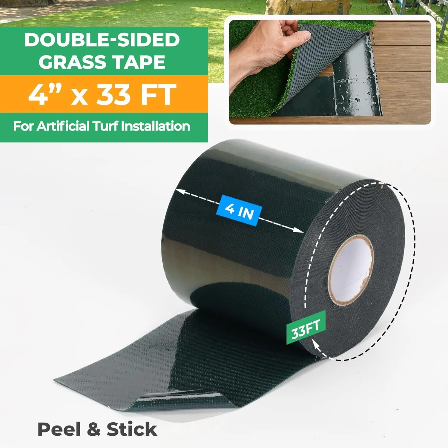 4 Inch Double Sided Turf Tape for Artificial Grass with Self-Adhesive 2X Strength 500g, Double Sided Artificial Grass Tape for Patios Decks Indoor Floors 4" × 33ft (10.5cm × 10m)