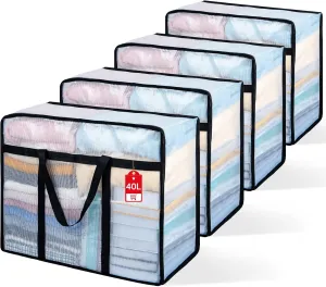 4 Pack Clear Blanket Storage Bags with Zipper, Vinyl Foldable Moving Bags Closet Organizers and Storage Containers for Bedding, Blankets, Comforters, Clothing, Toys, Quilt, Duvet, 40L
