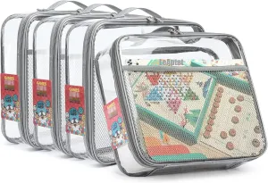 4 Pack Clear PVC Zippered Toy Storage Bags for Toy, Kids Toy, Building Blocks, Puzzle, Clay, Board Game Storage Organizer Travel Waterproof Toy Organzie With Name Tag Pocket (Gray, Large)