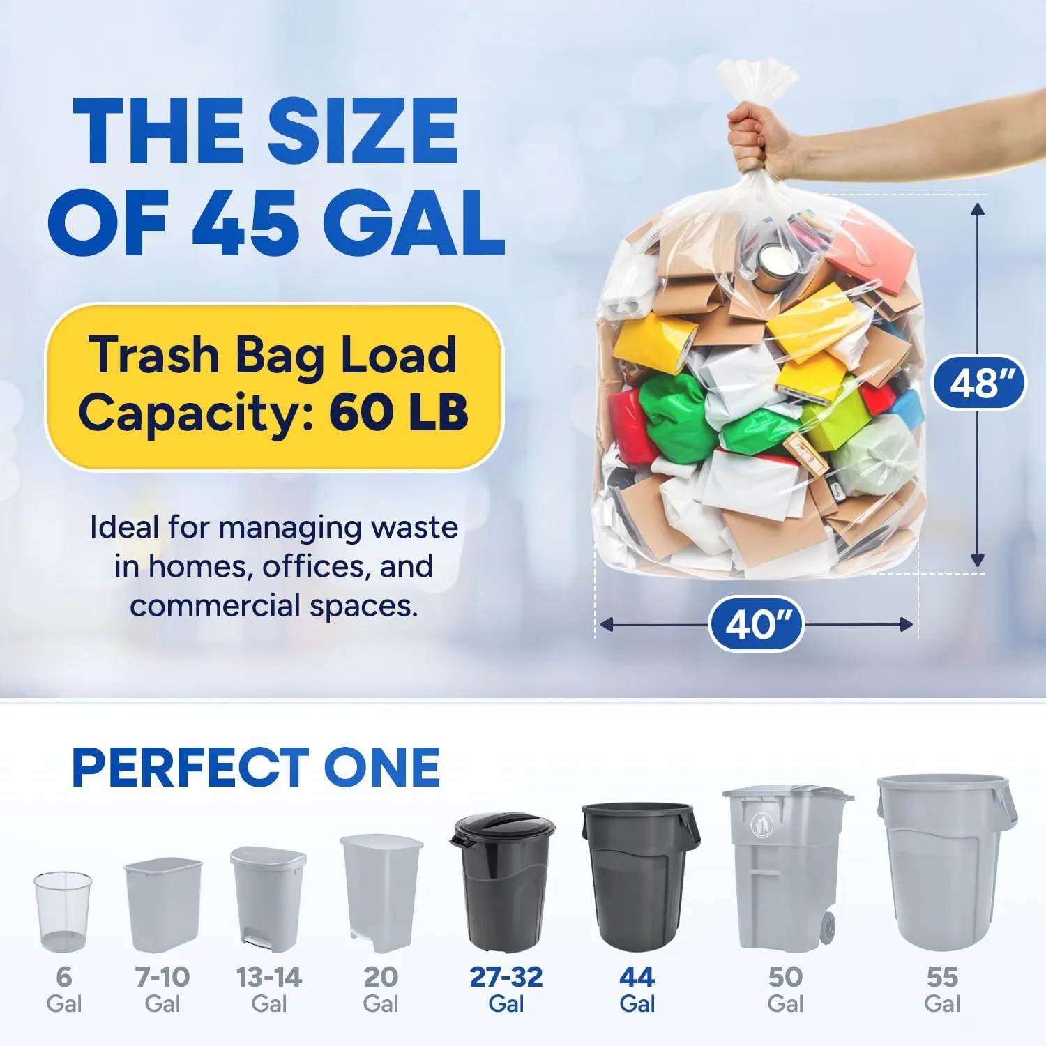 40-45 Gallon Trash Bags, Clear Trash Bags 40"W × 48"L, 12 Micron Clear Garbage Bags, 40-45 Gal High-Density Garbage Can Liners, Fits Square and Round Trash Cans, Pack of 250