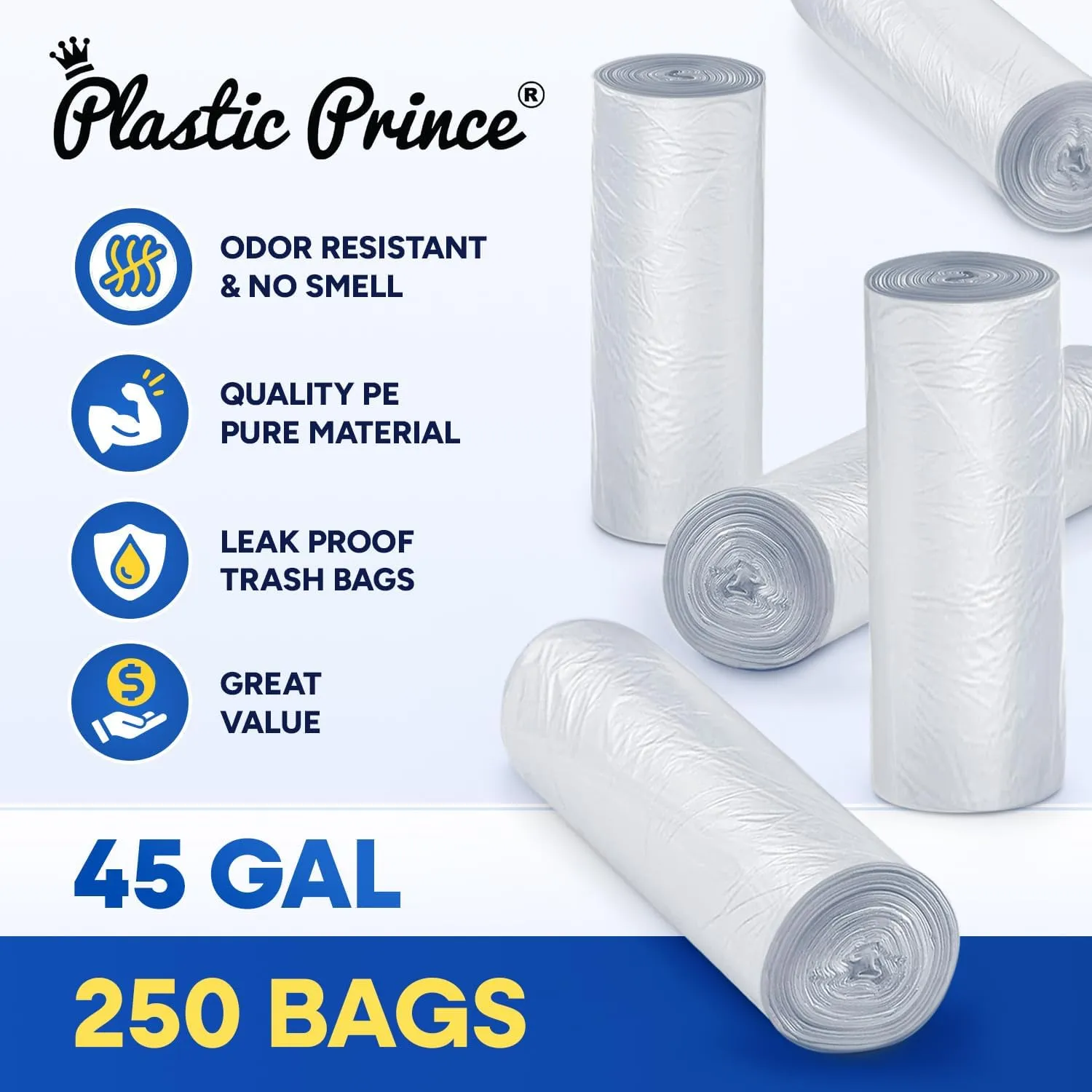 40-45 Gallon Trash Bags, Clear Trash Bags 40"W × 48"L, 12 Micron Clear Garbage Bags, 40-45 Gal High-Density Garbage Can Liners, Fits Square and Round Trash Cans, Pack of 250