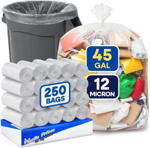 40-45 Gallon Trash Bags, Clear Trash Bags 40"W × 48"L, 12 Micron Clear Garbage Bags, 40-45 Gal High-Density Garbage Can Liners, Fits Square and Round Trash Cans, Pack of 250