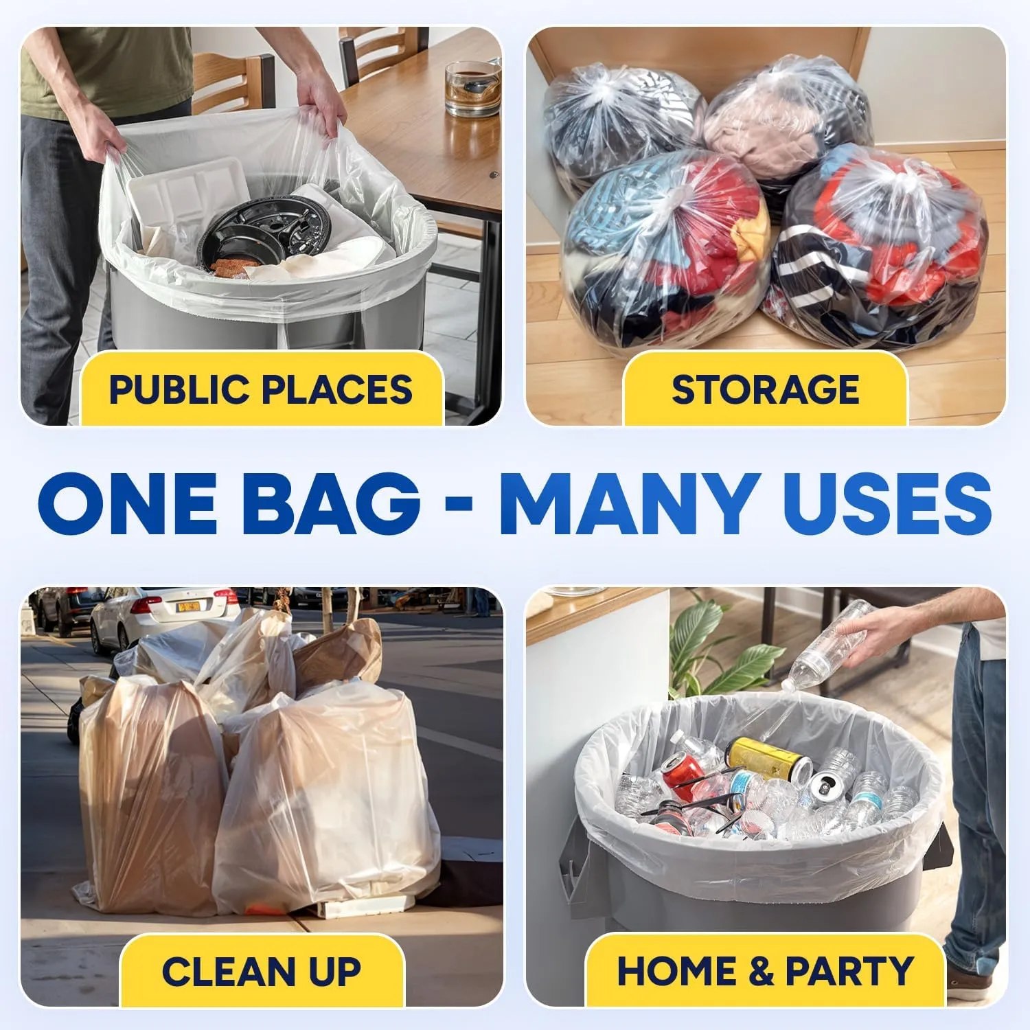 40-45 Gallon Trash Bags, Clear Trash Bags 40"W × 48"L, 12 Micron Clear Garbage Bags, 40-45 Gal High-Density Garbage Can Liners, Fits Square and Round Trash Cans, Pack of 250