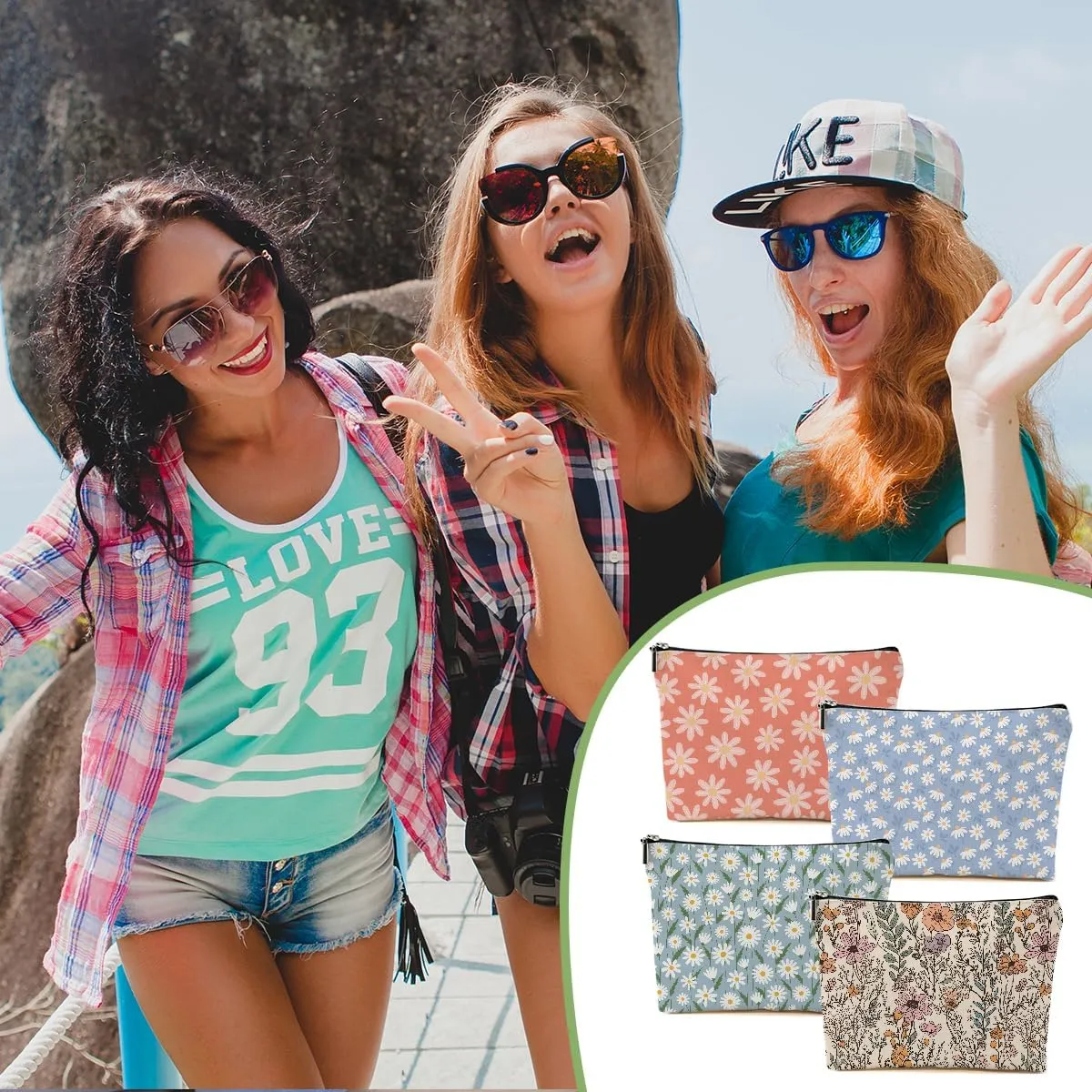 4pcs Vintage Floral Makeup Bag, Daisy Flower Cosmetic Bag Garden Gifts for Women Female Girls Sister BFF Nature Lover, Travel Zipper Pouch Christmas Thanksgiving Birthday Gifts