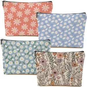 4pcs Vintage Floral Makeup Bag, Daisy Flower Cosmetic Bag Garden Gifts for Women Female Girls Sister BFF Nature Lover, Travel Zipper Pouch Christmas Thanksgiving Birthday Gifts