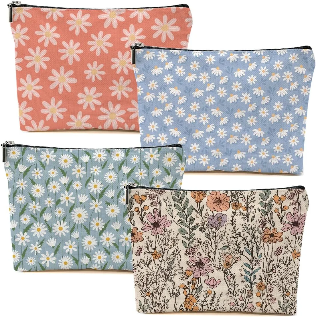 4pcs Vintage Floral Makeup Bag, Daisy Flower Cosmetic Bag Garden Gifts for Women Female Girls Sister BFF Nature Lover, Travel Zipper Pouch Christmas Thanksgiving Birthday Gifts