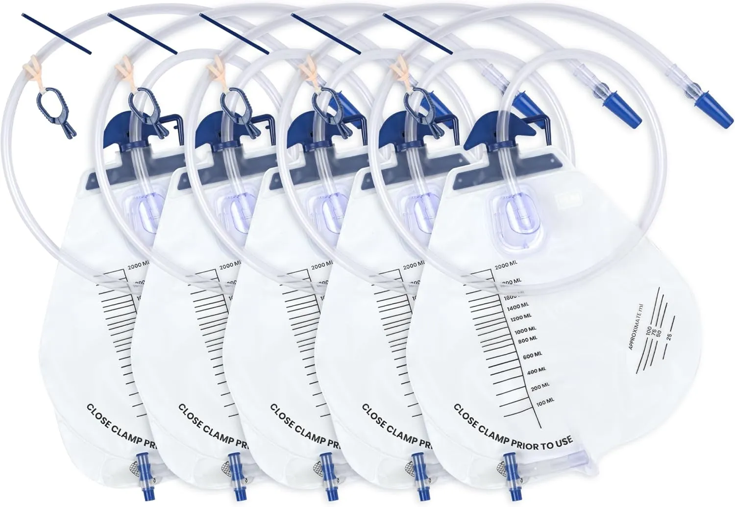 5 Pack BeHerk Catheter Bags for Men and Women, 2000mL Professional Urinary Drainage Bag with Anti-Reflux Drip Chamber, 48” Overnight Drainage Tube, Adjustable Clips & Hanging Hook