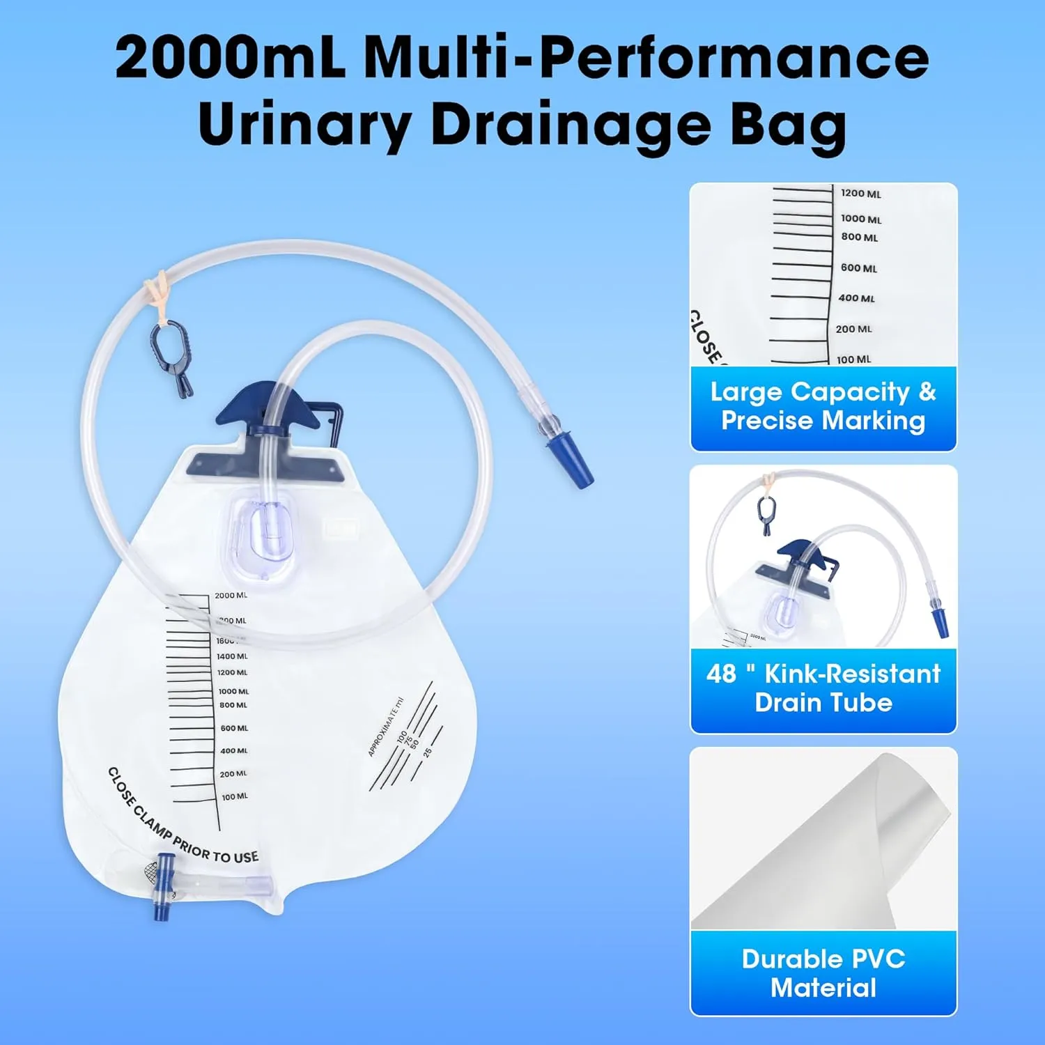5 Pack BeHerk Catheter Bags for Men and Women, 2000mL Professional Urinary Drainage Bag with Anti-Reflux Drip Chamber, 48” Overnight Drainage Tube, Adjustable Clips & Hanging Hook