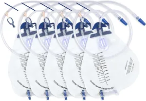 5 Pack BeHerk Catheter Bags for Men and Women, 2000mL Professional Urinary Drainage Bag with Anti-Reflux Drip Chamber, 48” Overnight Drainage Tube, Adjustable Clips & Hanging Hook