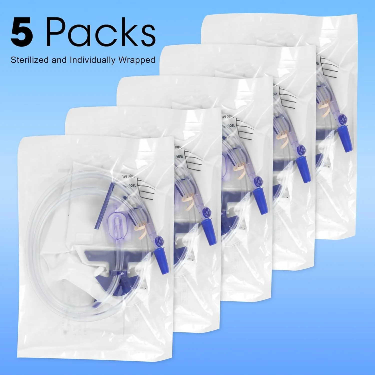 5 Pack BeHerk Catheter Bags for Men and Women, 2000mL Professional Urinary Drainage Bag with Anti-Reflux Drip Chamber, 48” Overnight Drainage Tube, Adjustable Clips & Hanging Hook