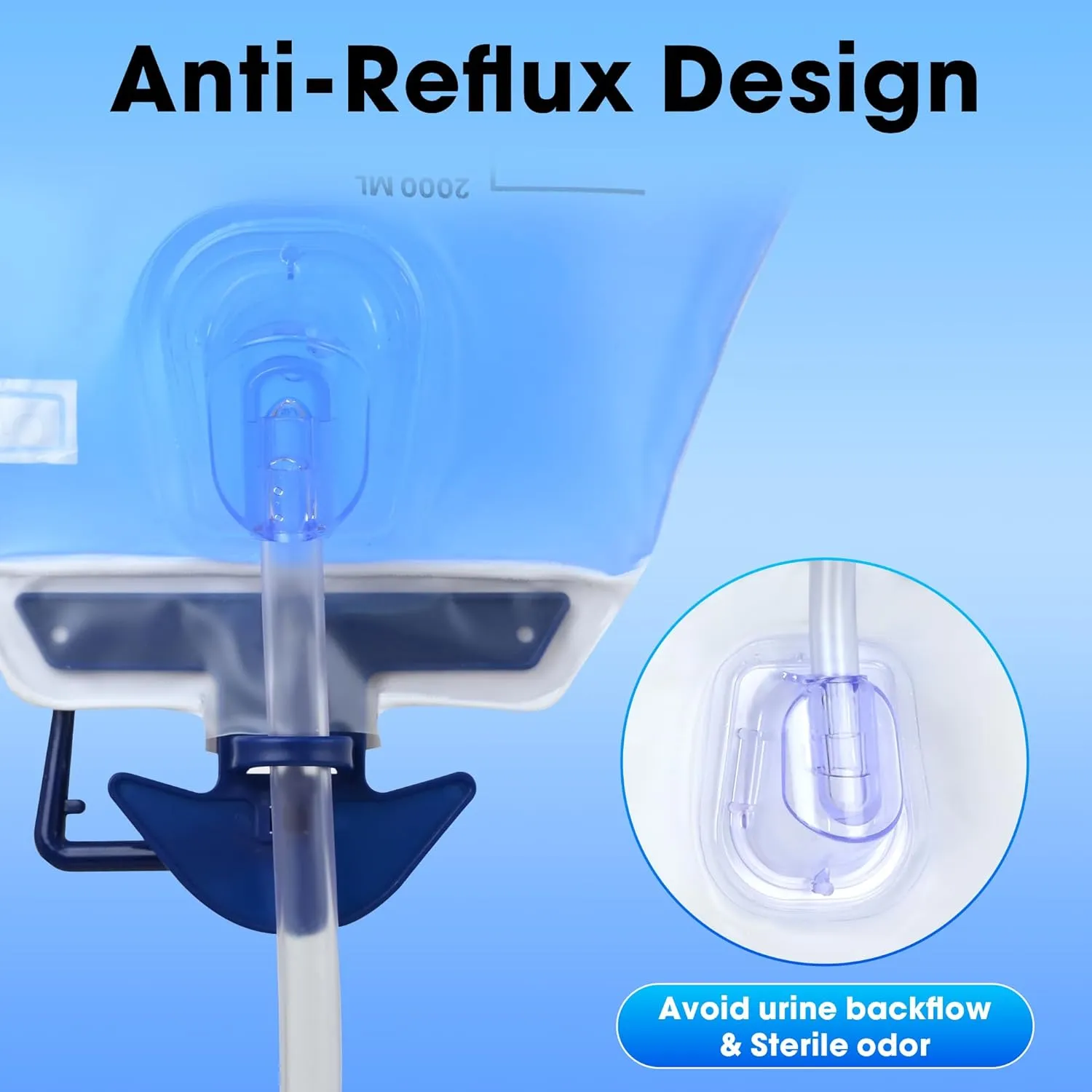 5 Pack BeHerk Catheter Bags for Men and Women, 2000mL Professional Urinary Drainage Bag with Anti-Reflux Drip Chamber, 48” Overnight Drainage Tube, Adjustable Clips & Hanging Hook