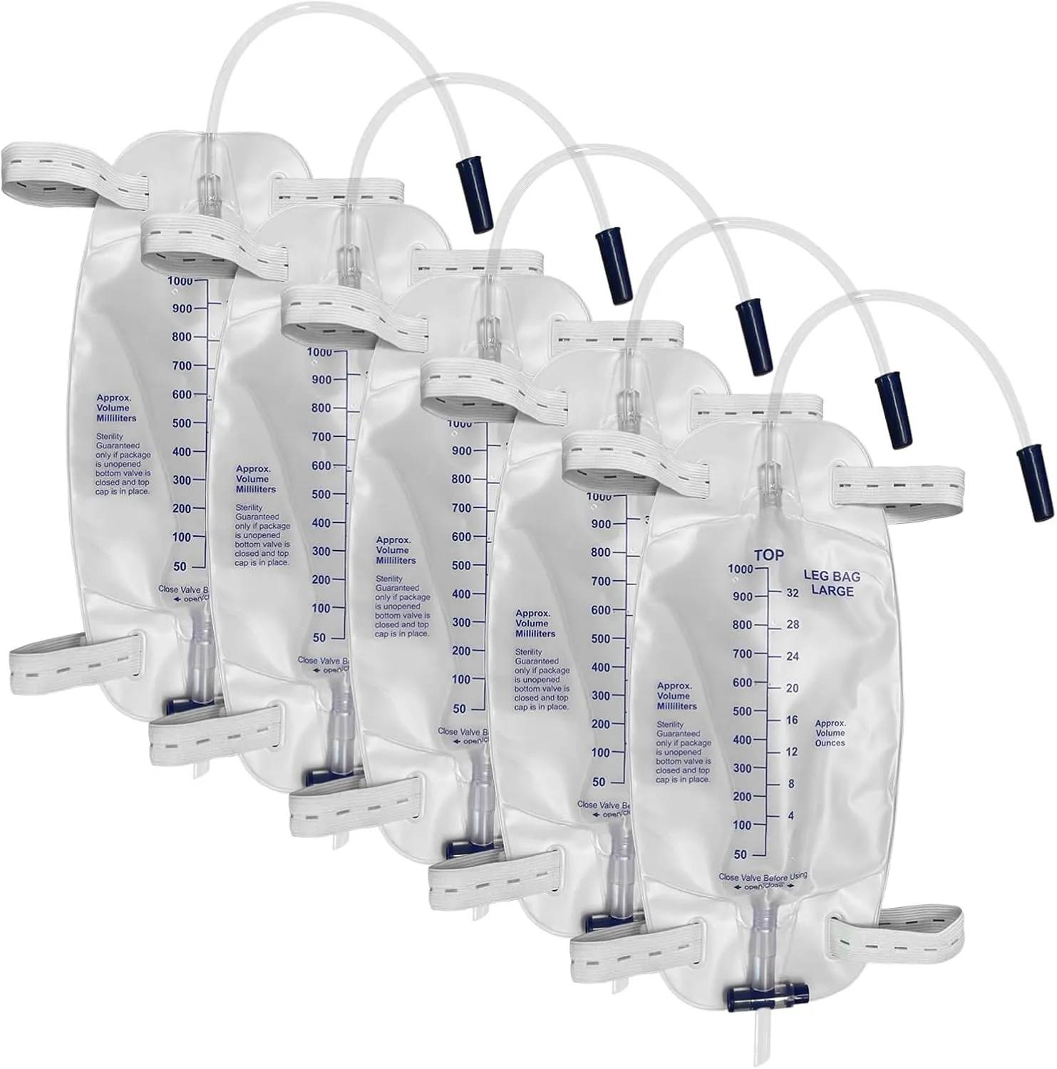 5 Pack Easy-Tap Leg Bag with Anti-Reflux Valve, 1000ml Catheter Bags with 2 Cloth Straps, Disposable Urine Leg Bag for Home Care Easy Flip Drain