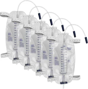 5 Pack Easy-Tap Leg Bag with Anti-Reflux Valve, 1000ml Catheter Bags with 2 Cloth Straps, Disposable Urine Leg Bag for Home Care Easy Flip Drain