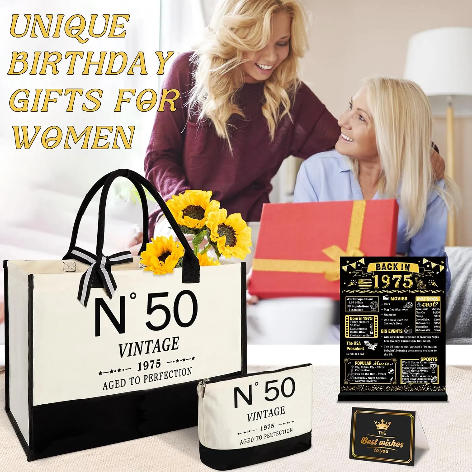 50th Birthday Gifts for Women Canvas Tote Bag, Unique 50 Years Old Gifts for Wife Sister Mom Aunt Friends Her, Vintage N°50 Handbag & Cosmetic Bag & Back in 1975 Poster