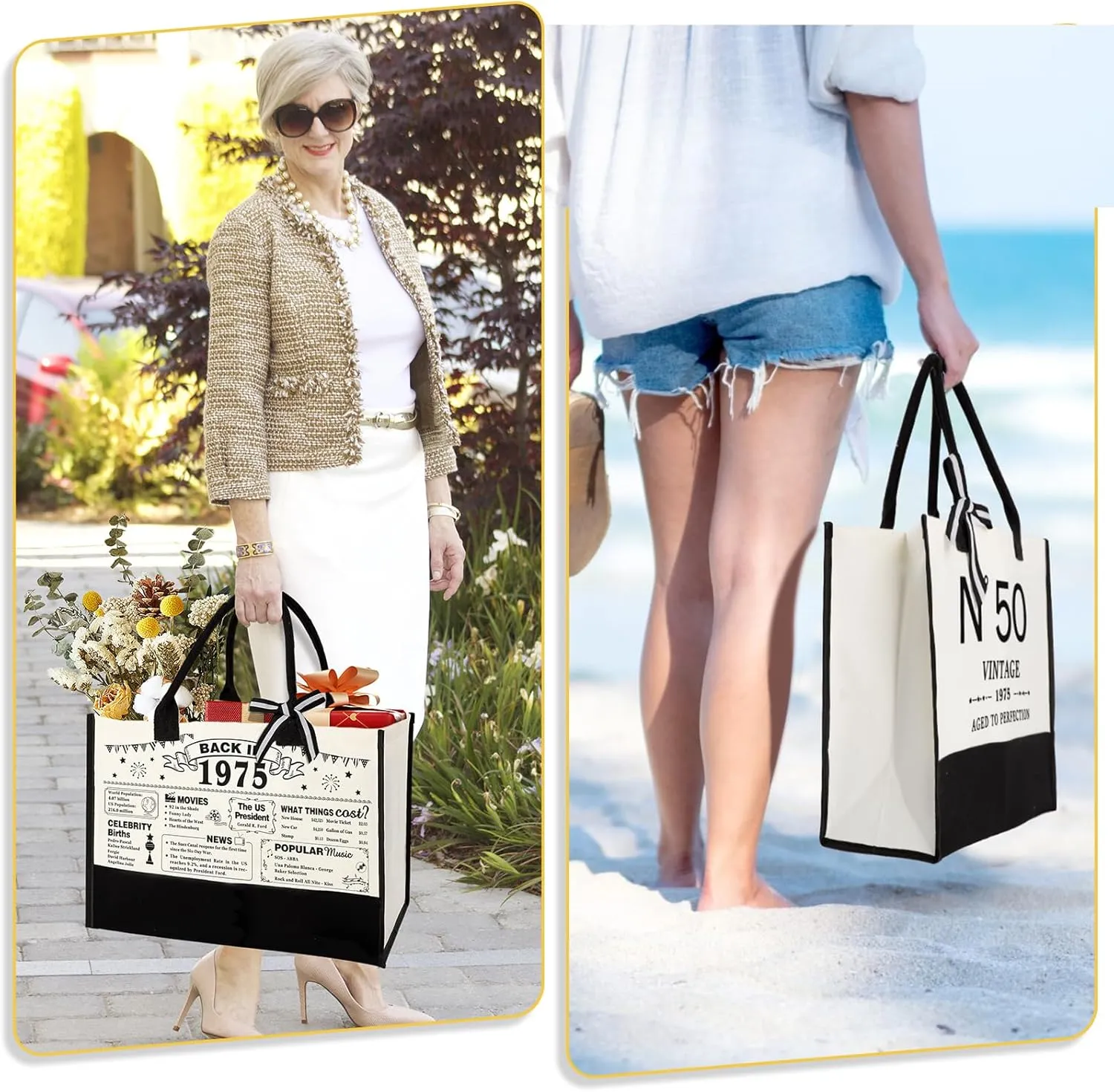 50th Birthday Gifts for Women Canvas Tote Bag, Unique 50 Years Old Gifts for Wife Sister Mom Aunt Friends Her, Vintage N°50 Handbag & Cosmetic Bag & Back in 1975 Poster