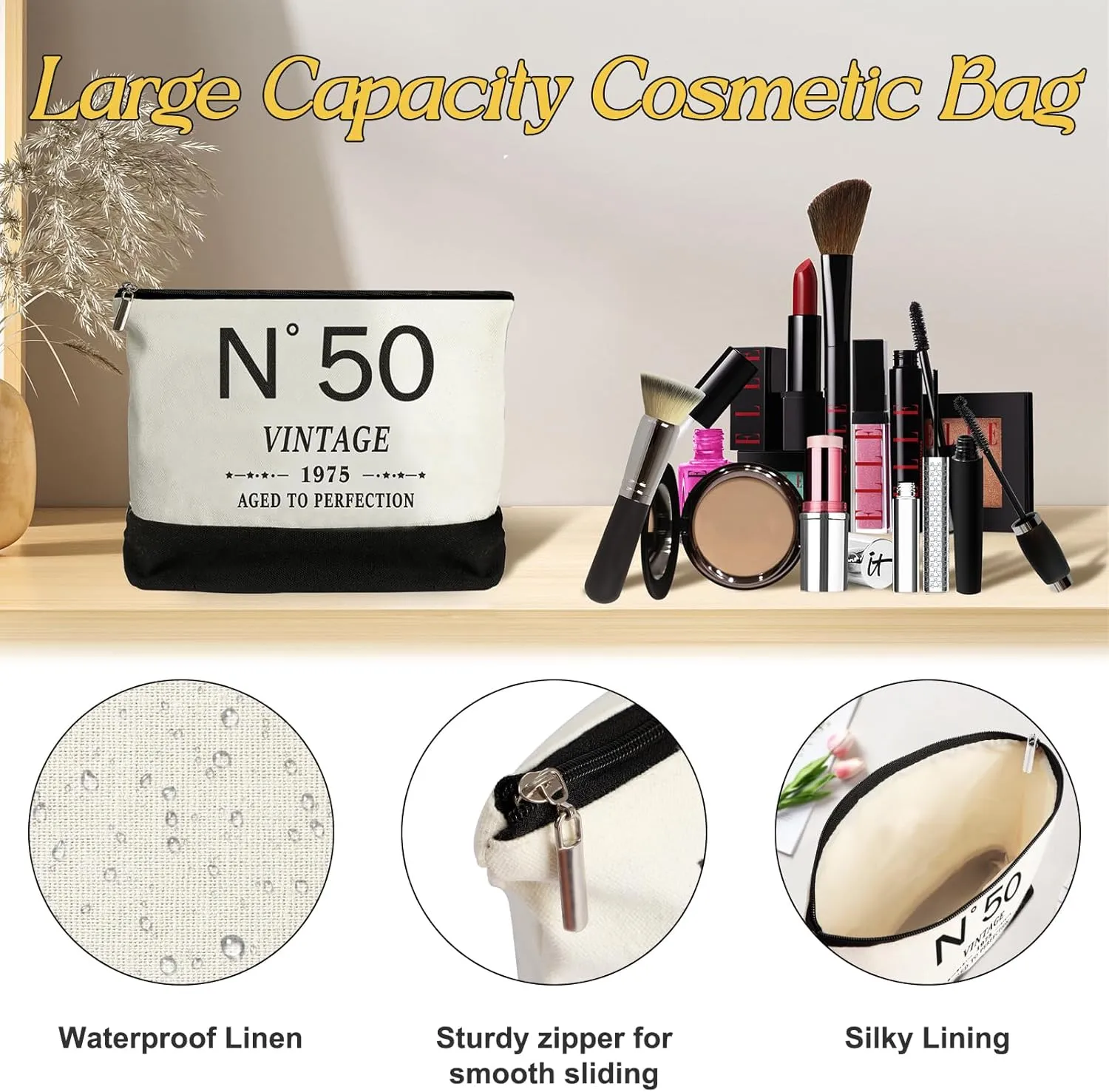 50th Birthday Gifts for Women Canvas Tote Bag, Unique 50 Years Old Gifts for Wife Sister Mom Aunt Friends Her, Vintage N°50 Handbag & Cosmetic Bag & Back in 1975 Poster