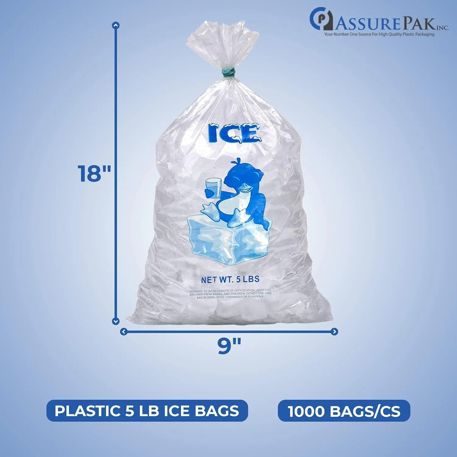 5LB Clear Plastic Ice Bags - 1000 Reusable Bags per case - 9"x18" Size - 1.25 mil thickness - Convenient Bulk Pack for Ice Storage and More