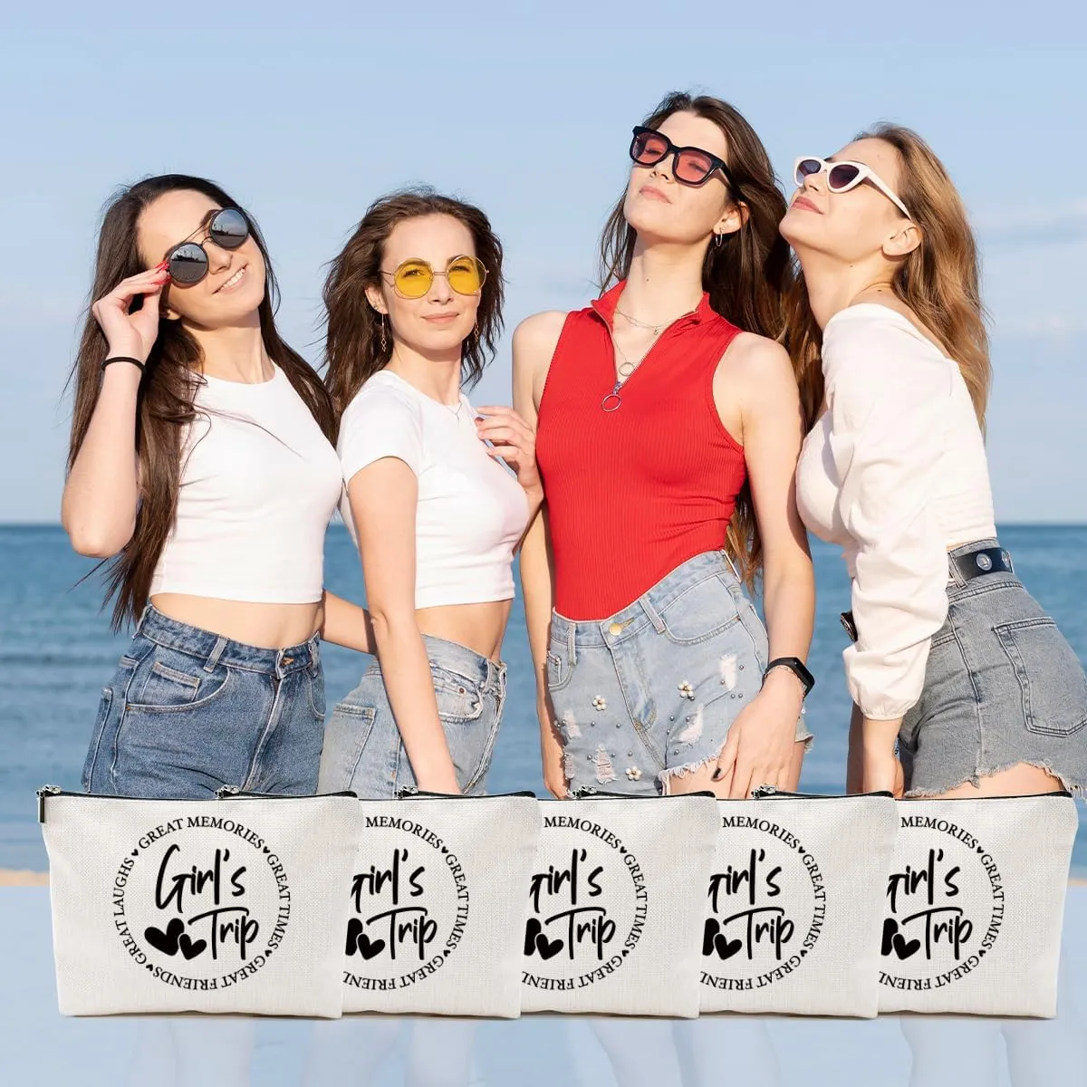 5Pcs Girls Trip Gifts Favors, 2025 Girls Weekend Gifts Makeup Bag, Bestie Gifts Weekend Bag Travel Gifts Vacation Cosmetic Bag, Friendship Gifts for Women Friend, Graduation Wedding Gifts Toiletry Bag