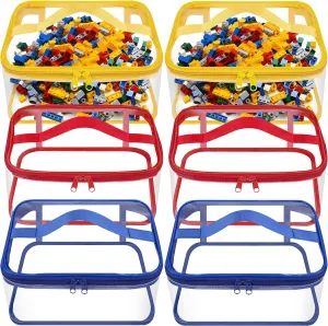 6 Packs Clear Toy Storage Bags- 9.4 x 6.7 x 4.3 Inch Transparent PVC Toy Organizing Bags with Zipper- Waterproof Toy Storage Organizer Pouch for Building Blocks, Small Toys (Red, Blue, Yellow)