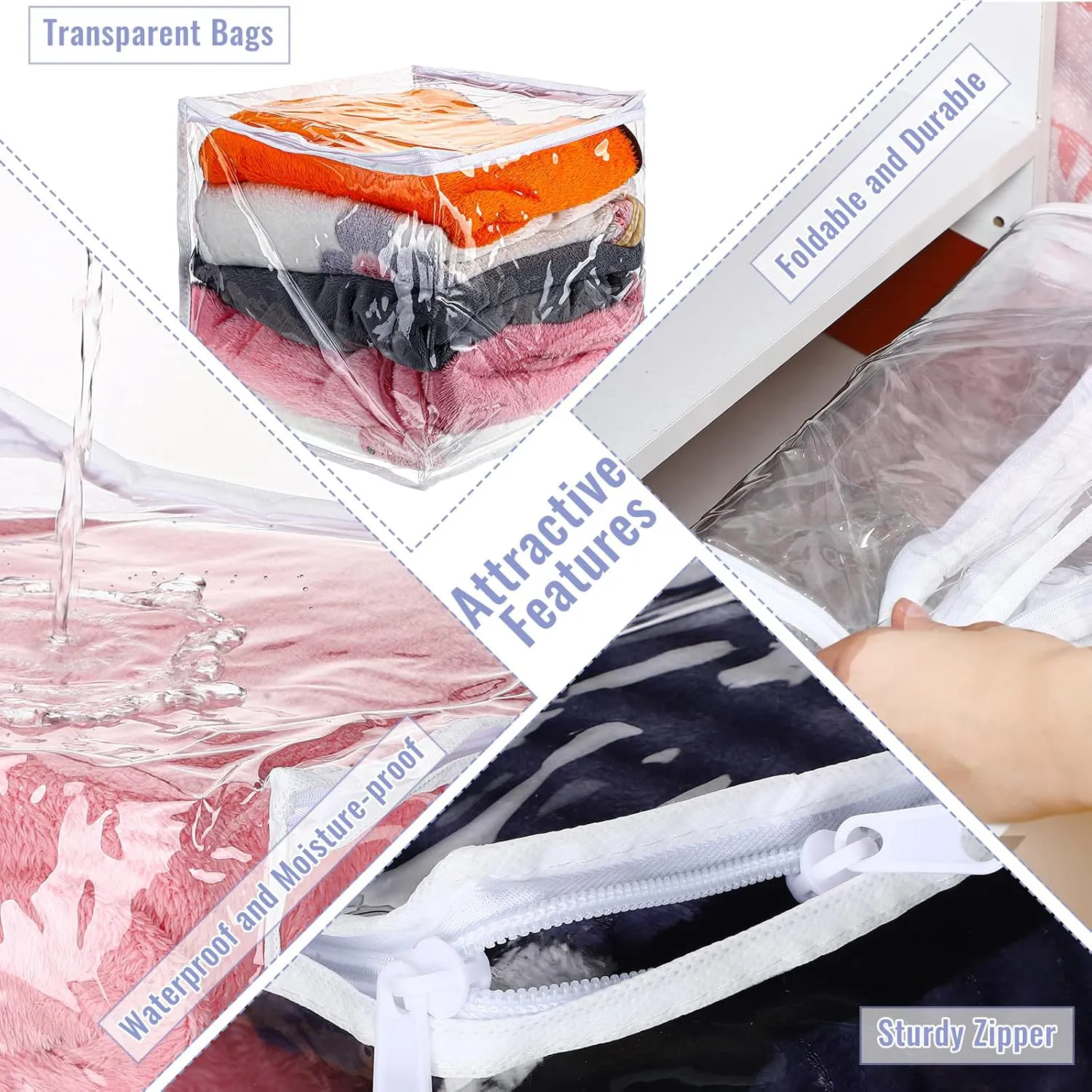 6 Packs Clear Zippered Storage Bags Sweater Bags Plastic Storage for Blankets Clothes Bed Sheet Organizer with Zipper for Closet Linen Sweater Bed Sheet Clothes Pillow(12 x 12 x 12 Inch)