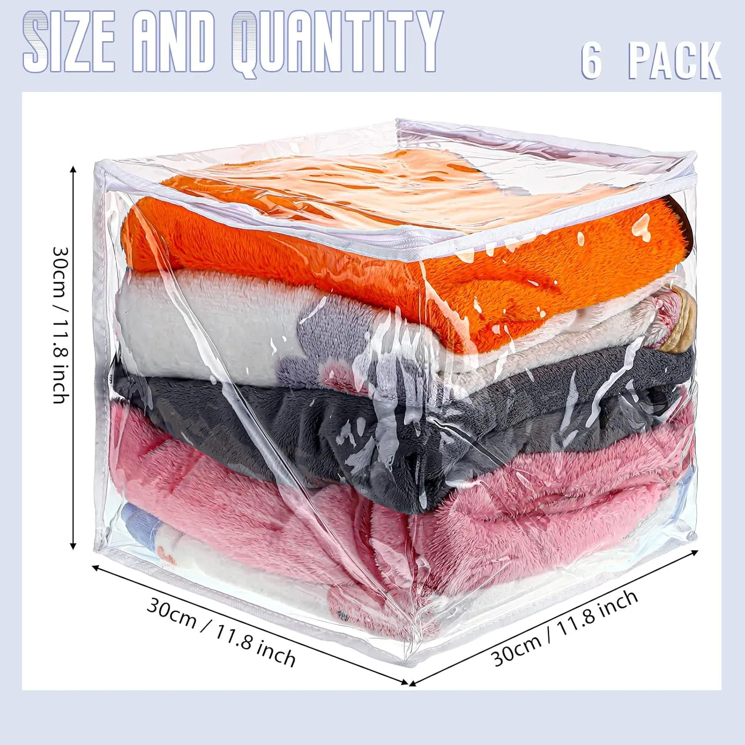 6 Packs Clear Zippered Storage Bags Sweater Bags Plastic Storage for Blankets Clothes Bed Sheet Organizer with Zipper for Closet Linen Sweater Bed Sheet Clothes Pillow(12 x 12 x 12 Inch)