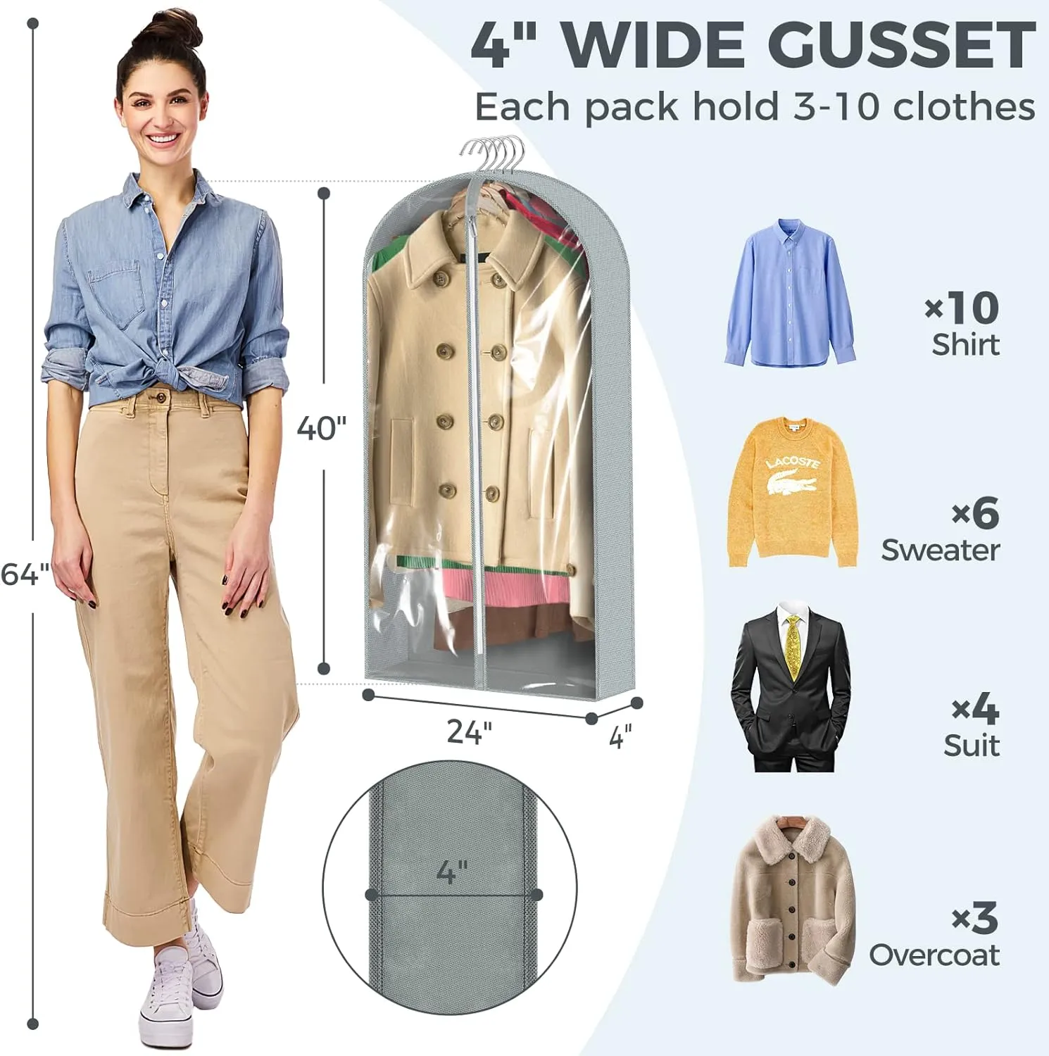 6 pcs 40" Clear Garment Bags for Hanging Clothes, Suit Bags for Closet Storage, Clothing Storage, Garment Bags for Travel Covers with 4" Gussets for Coats, Shirts, Jackets, Sweater