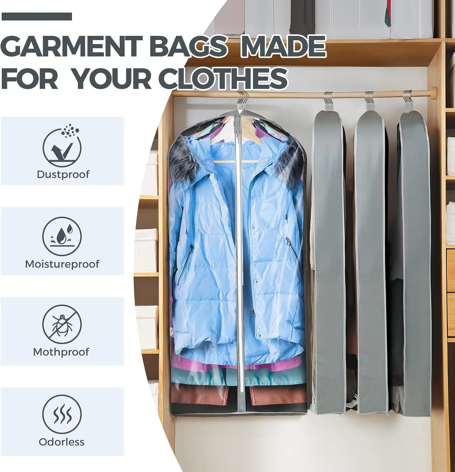 6 pcs 40" Clear Garment Bags for Hanging Clothes, Suit Bags for Closet Storage, Clothing Storage, Garment Bags for Travel Covers with 4" Gussets for Coats, Shirts, Jackets, Sweater