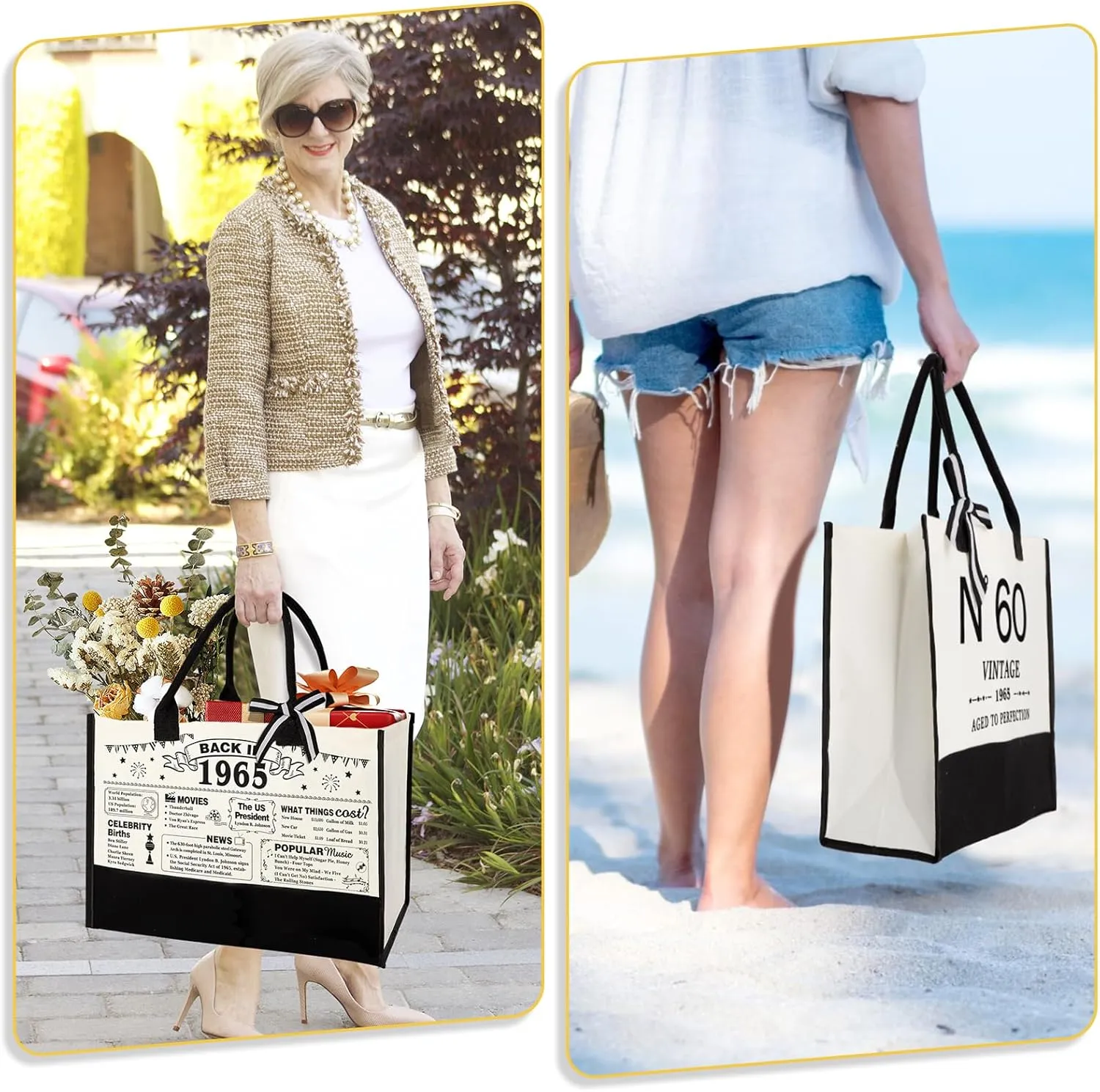60th Birthday Gifts for Women Canvas Tote Bag Travel Gear, Unique 60 Years Old Gifts for Her Wife Sister Mom Aunt Friends, Vintage N60 Handbag & Cosmetic Bag & Back in 1965 Poster