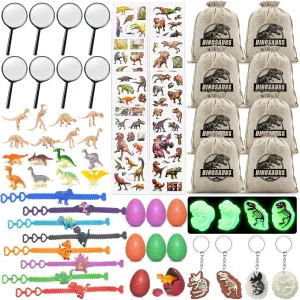 64PCS Dinosaur Fossil & Eggs Exploration Set – Dig Kit Party Favors with Keychains, Skeletons, Hatching Dinosaur Eggs, Magnifying Glasses, 3D Stickers & More for Kids Science Activities and Gifts