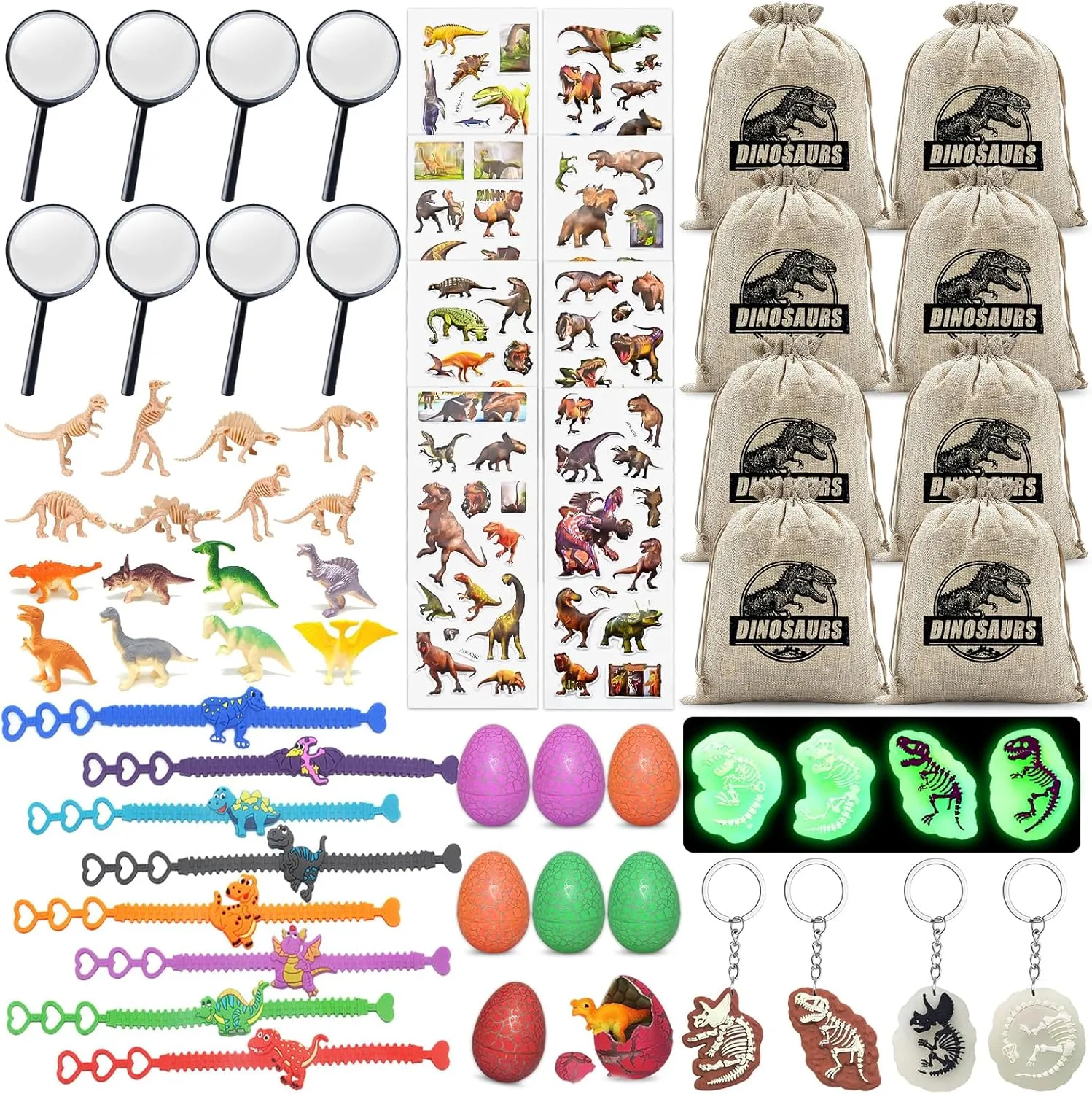 64PCS Dinosaur Fossil & Eggs Exploration Set – Dig Kit Party Favors with Keychains, Skeletons, Hatching Dinosaur Eggs, Magnifying Glasses, 3D Stickers & More for Kids Science Activities and Gifts