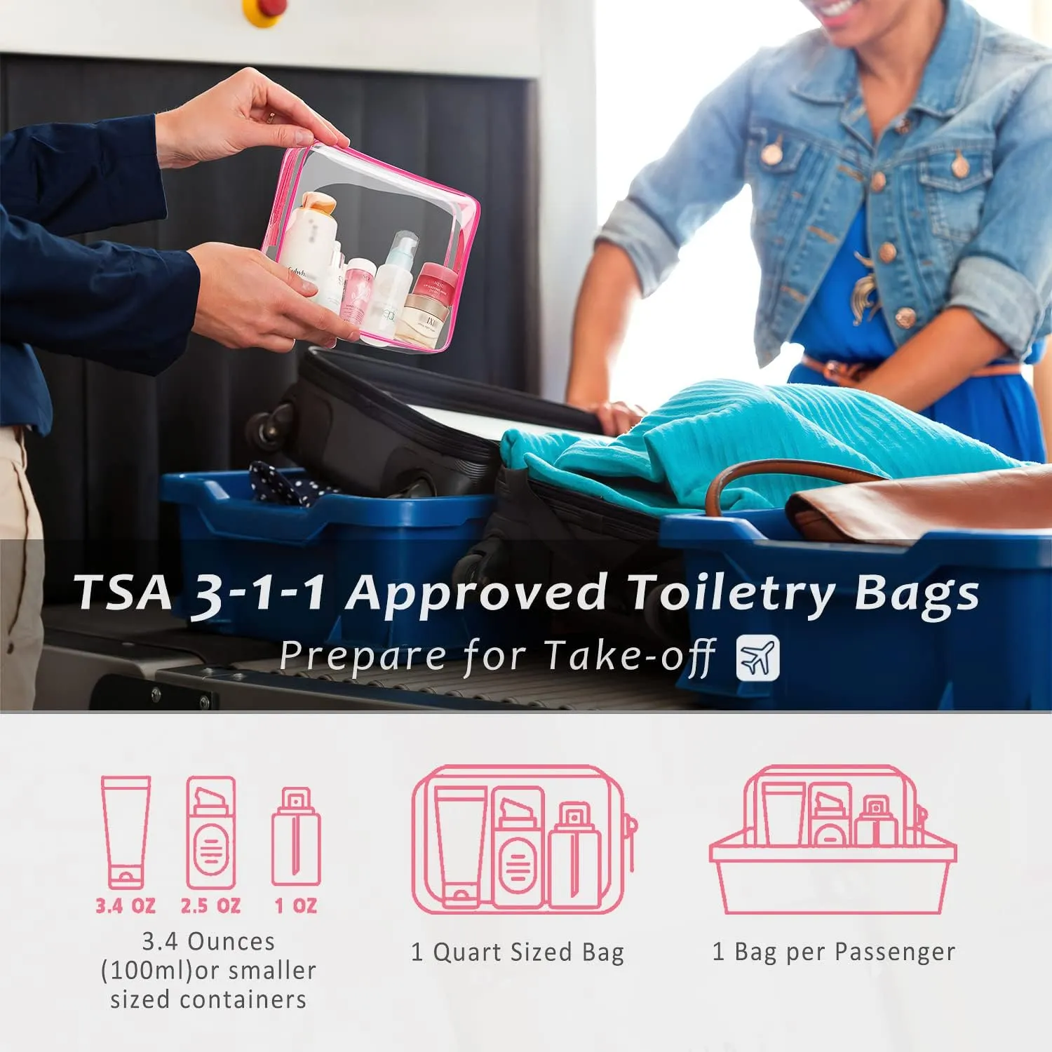 6pcs Clear Cosmetic Bags, TSA Approved Toiletry Bag Set Crystal Clear Travel Beach Essentials Bag Organization PVC, Clear Makeup Bags Luggage Pouch Carry on Airport Airline Compliant Bag Women Men