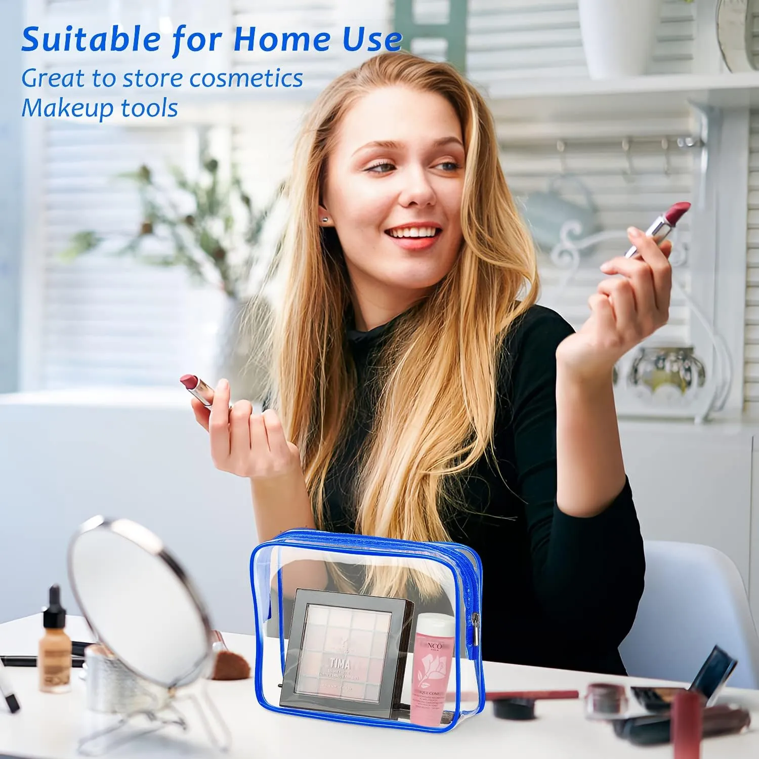 6pcs Clear Cosmetic Bags, TSA Approved Travel Toiletry Bag Set Transparent PVC Zipper Closure Cosmetic Bag Travel Essentials Makeup Bags Organization Blue