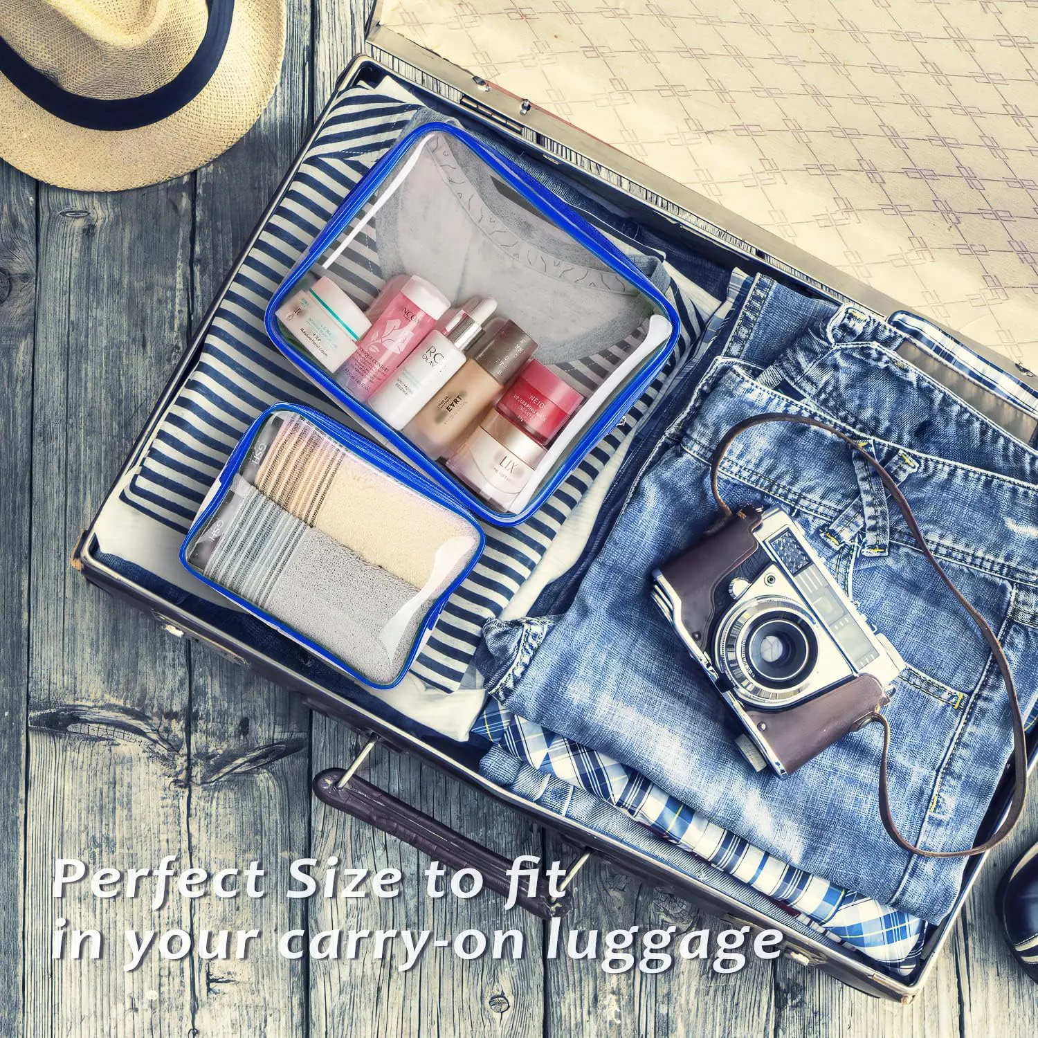 6pcs Clear Cosmetic Bags, TSA Approved Travel Toiletry Bag Set Transparent PVC Zipper Closure Cosmetic Bag Travel Essentials Makeup Bags Organization Blue