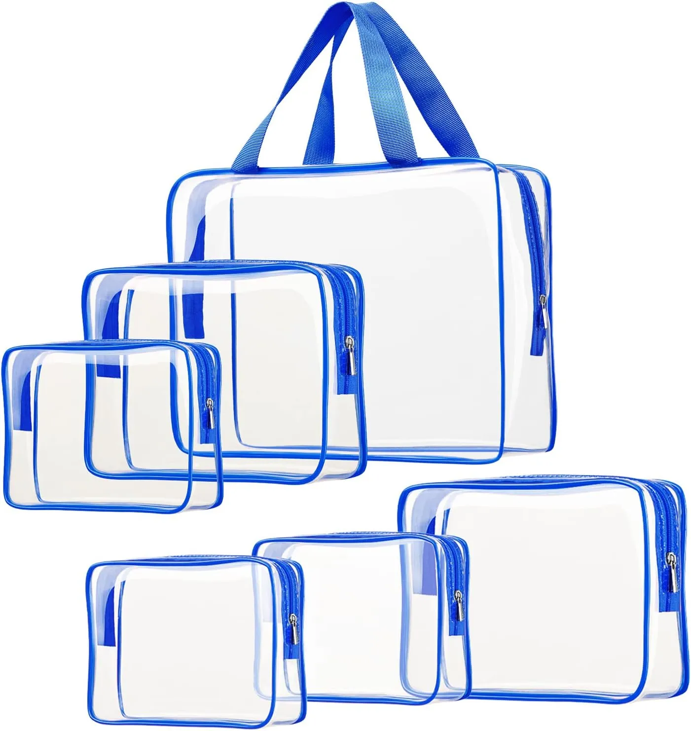 6pcs Clear Cosmetic Bags, TSA Approved Travel Toiletry Bag Set Transparent PVC Zipper Closure Cosmetic Bag Travel Essentials Makeup Bags Organization Blue